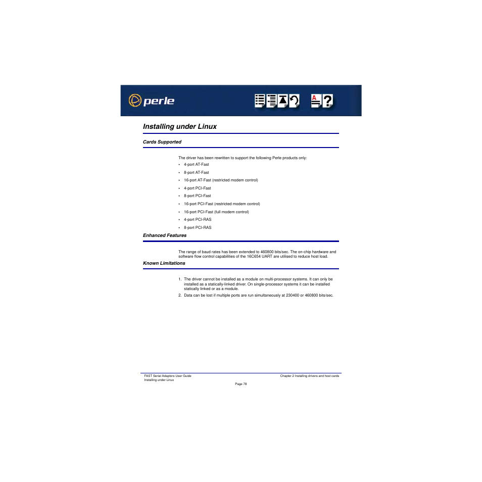 Installing under linux, Cards supported, Enhanced features | Known limitations | Perle Systems Adaptors User Manual | Page 78 / 129