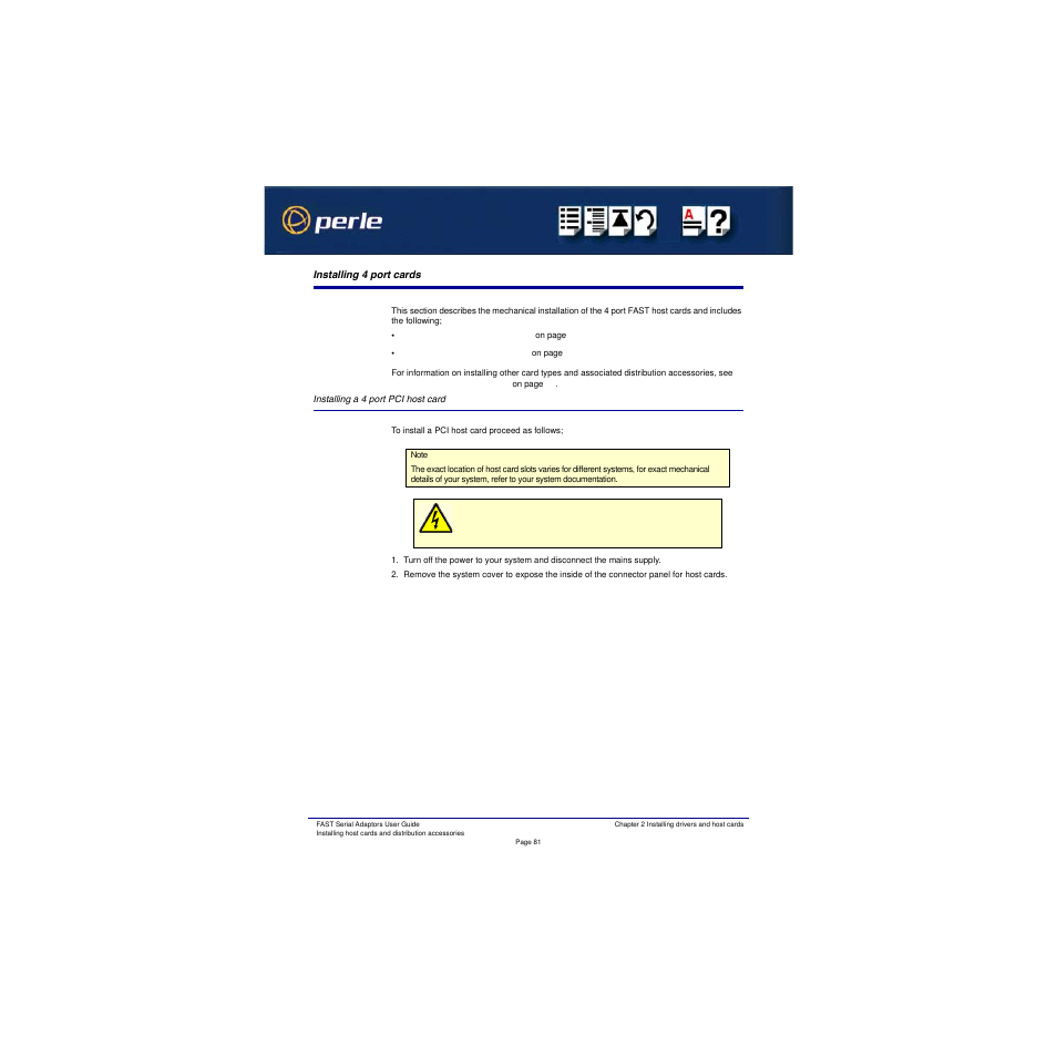 Installing 4 port cards, Installing a 4 port pci host card | Perle Systems Adaptors User Manual | Page 81 / 129