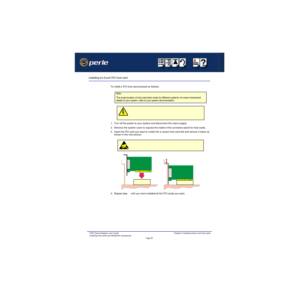 Installing an 8 port pci host card | Perle Systems Adaptors User Manual | Page 87 / 129