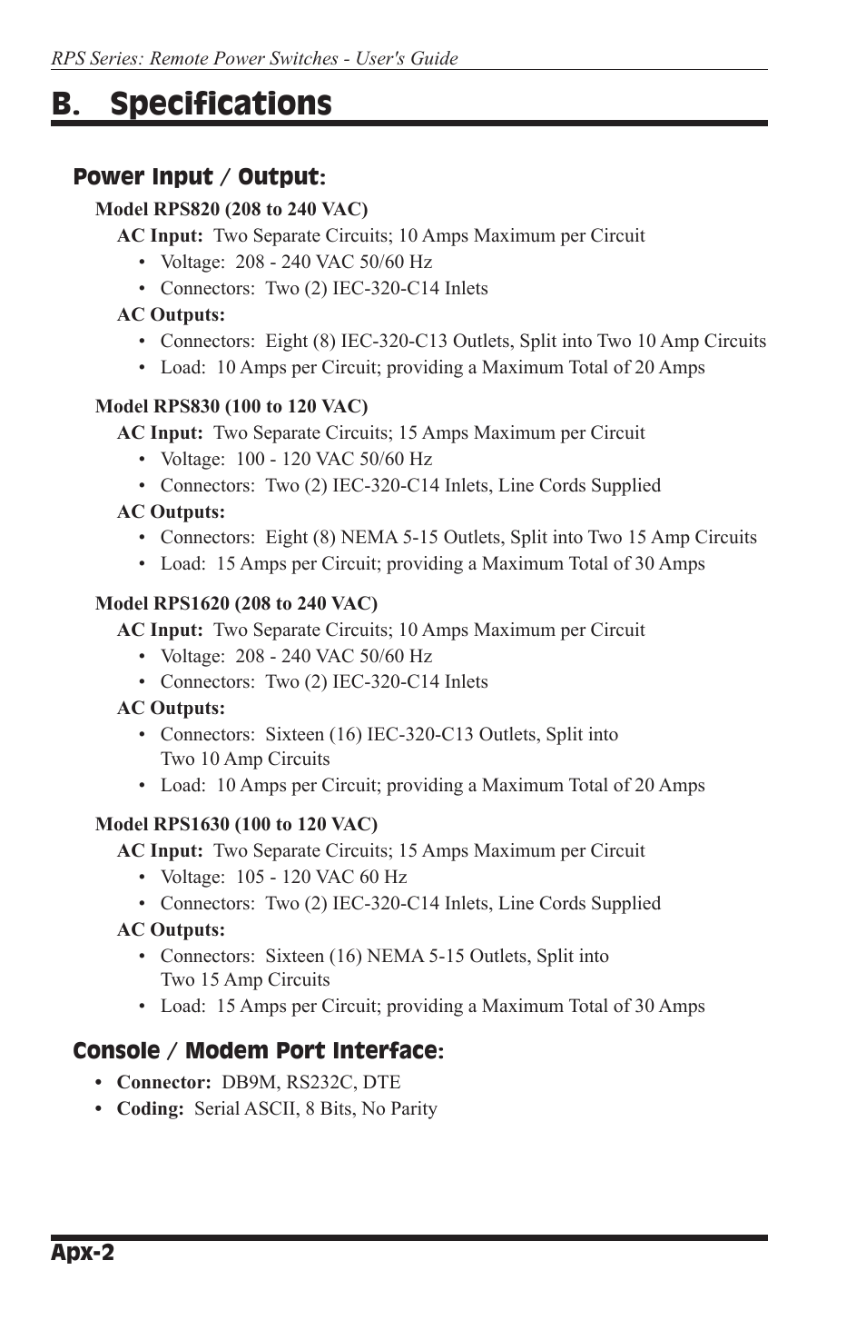 B. specifications | Perle Systems RPS1630 User Manual | Page 62 / 72