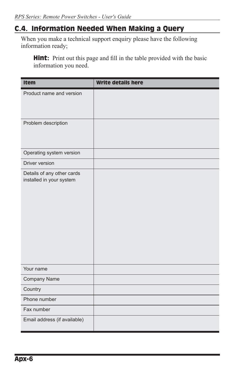 C.4. information needed when making a query, Apx-6 | Perle Systems RPS1630 User Manual | Page 66 / 72