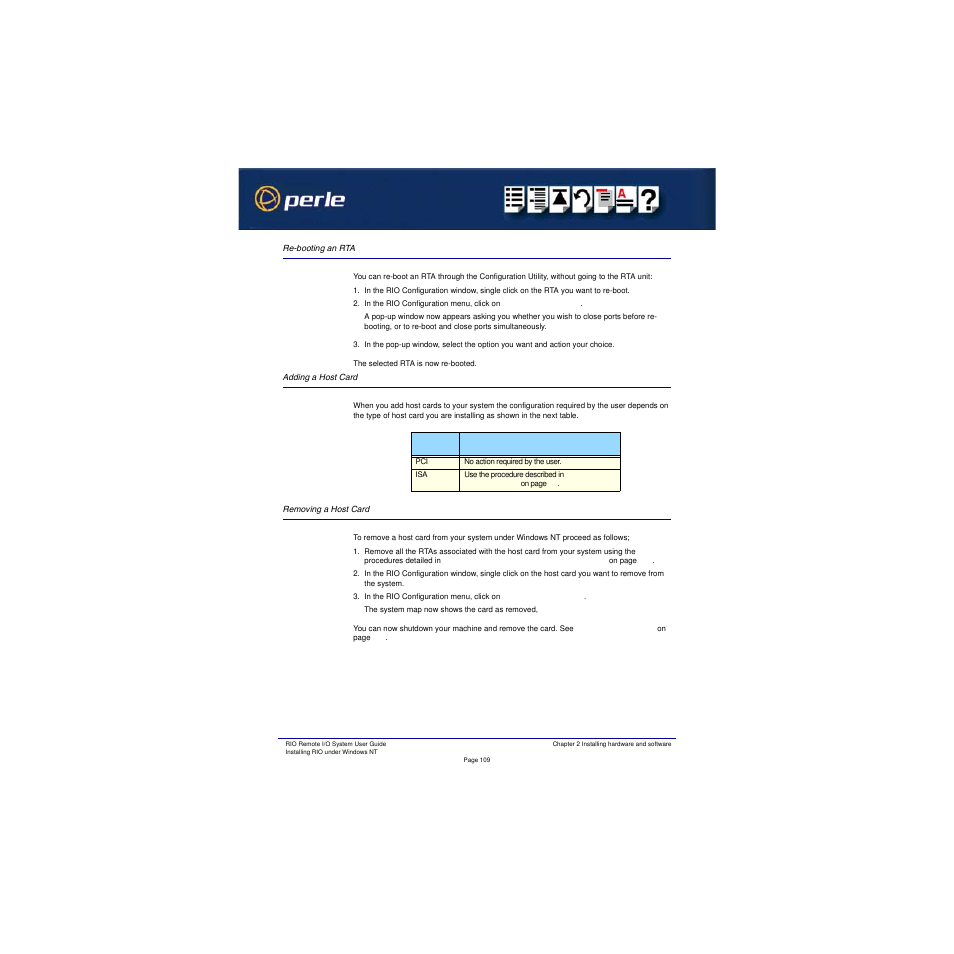 Re-booting an rta, Adding a host card, Removing a host card | Perle Systems RIO 5500036-17 User Manual | Page 109 / 327