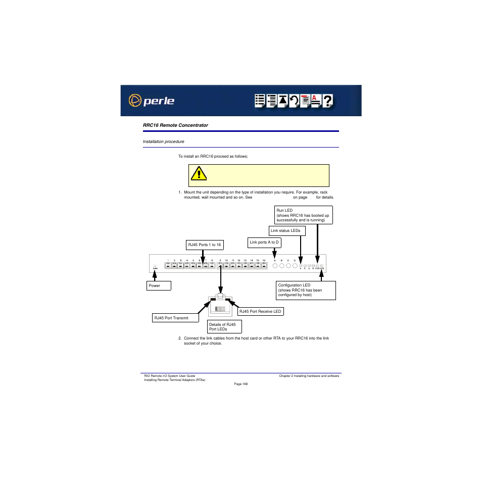 Rrc16 remote concentrator, Installation procedure | Perle Systems RIO 5500036-17 User Manual | Page 168 / 327