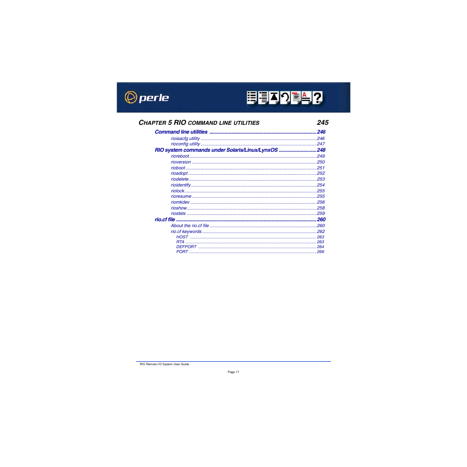 Chapter 5 rio command line utilities 245 | Perle Systems RIO 5500036-17 User Manual | Page 17 / 327