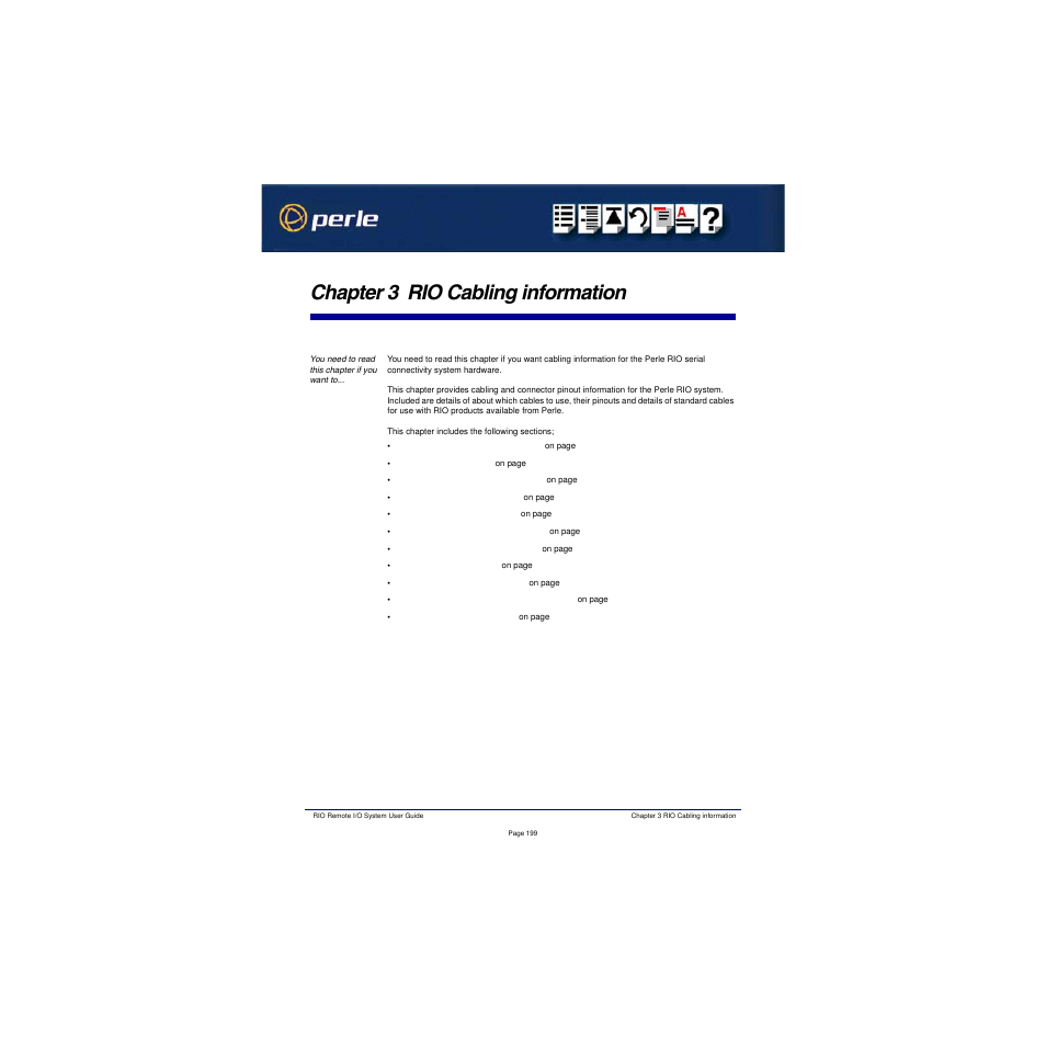 Chapter 3 rio cabling information, Hapter, 3 rio c | Abling, Information, Chapter 3 rio cabling | Perle Systems RIO 5500036-17 User Manual | Page 199 / 327