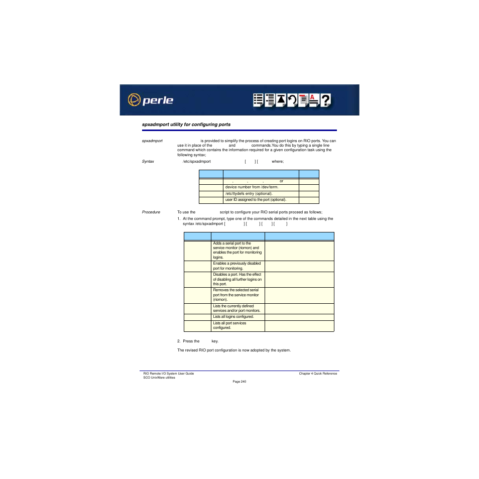 Spxadmport utility for configuring ports | Perle Systems RIO 5500036-17 User Manual | Page 240 / 327