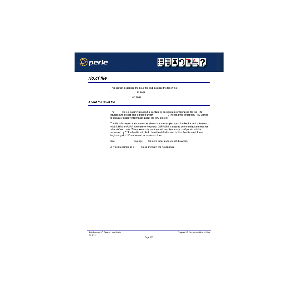 Rio.cf file, About the rio.cf file | Perle Systems RIO 5500036-17 User Manual | Page 260 / 327