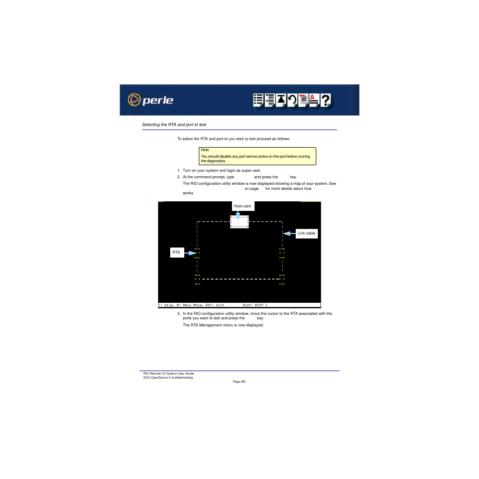 Selecting the rta and port to test, Selecting the, Rta and port to test | Perle Systems RIO 5500036-17 User Manual | Page 281 / 327