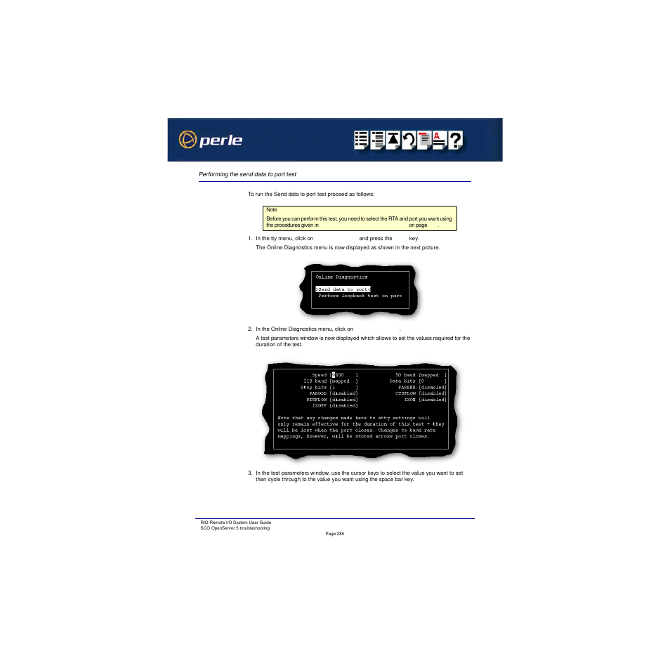 Performing the send data to port test, Performing, The send data to port test | Perle Systems RIO 5500036-17 User Manual | Page 285 / 327