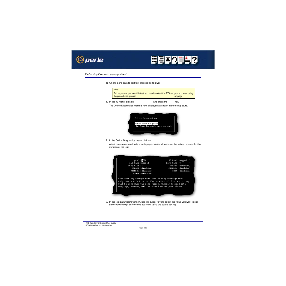 Performing the send data to port test, Performing, The send data to port test | Perle Systems RIO 5500036-17 User Manual | Page 295 / 327