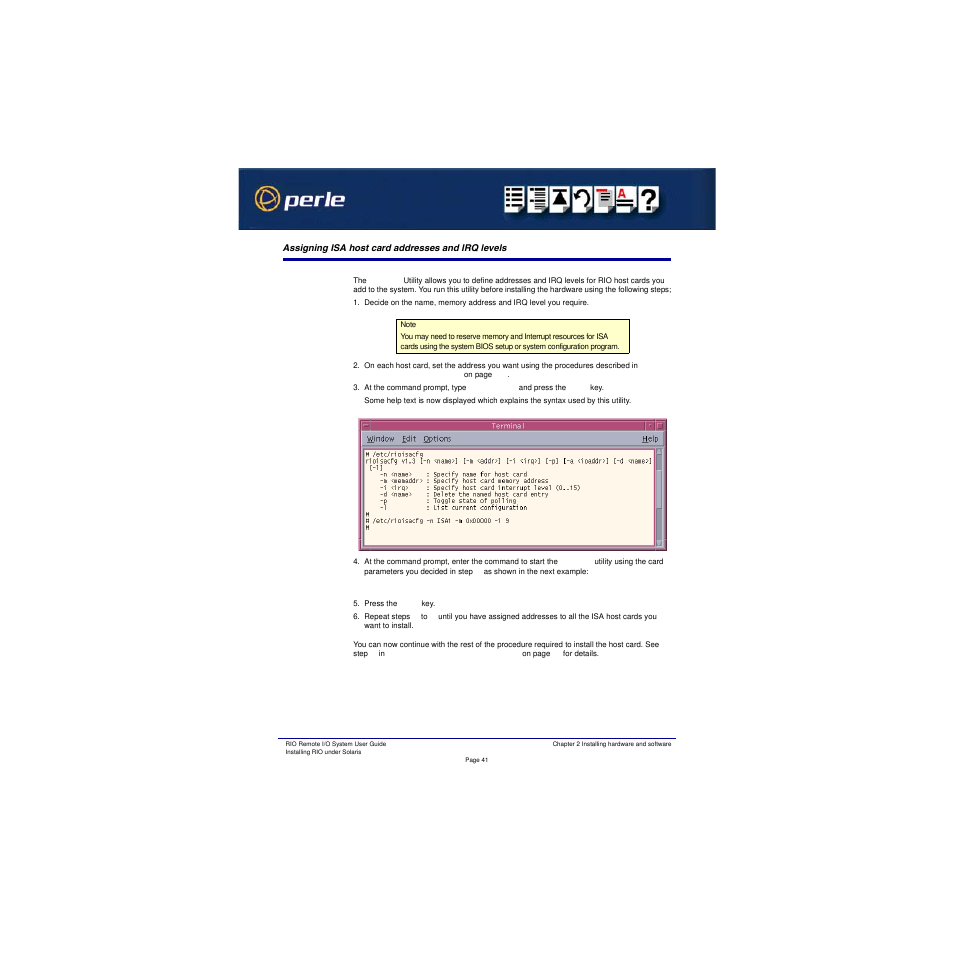 Assigning isa host card addresses and irq levels, Assigning isa host, Card addresses and irq levels | Perle Systems RIO 5500036-17 User Manual | Page 41 / 327