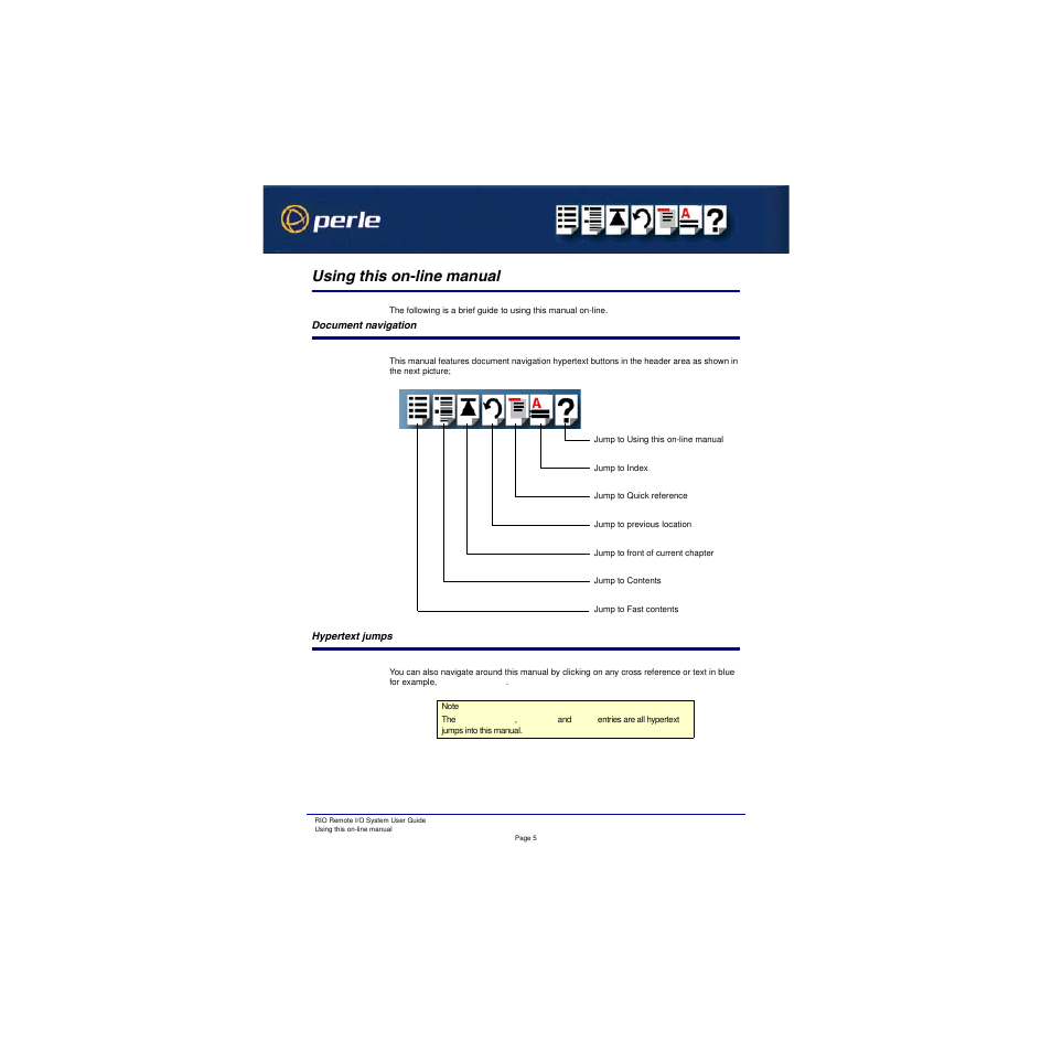 Using this on-line manual, Document navigation, Hypertext jumps | Perle Systems RIO 5500036-17 User Manual | Page 5 / 327