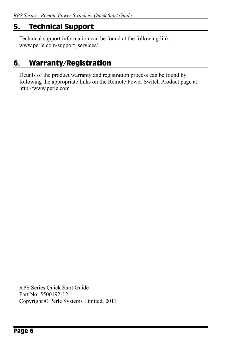 Technical support, Warranty/registration | Perle Systems RPS1630H User Manual | Page 6 / 8