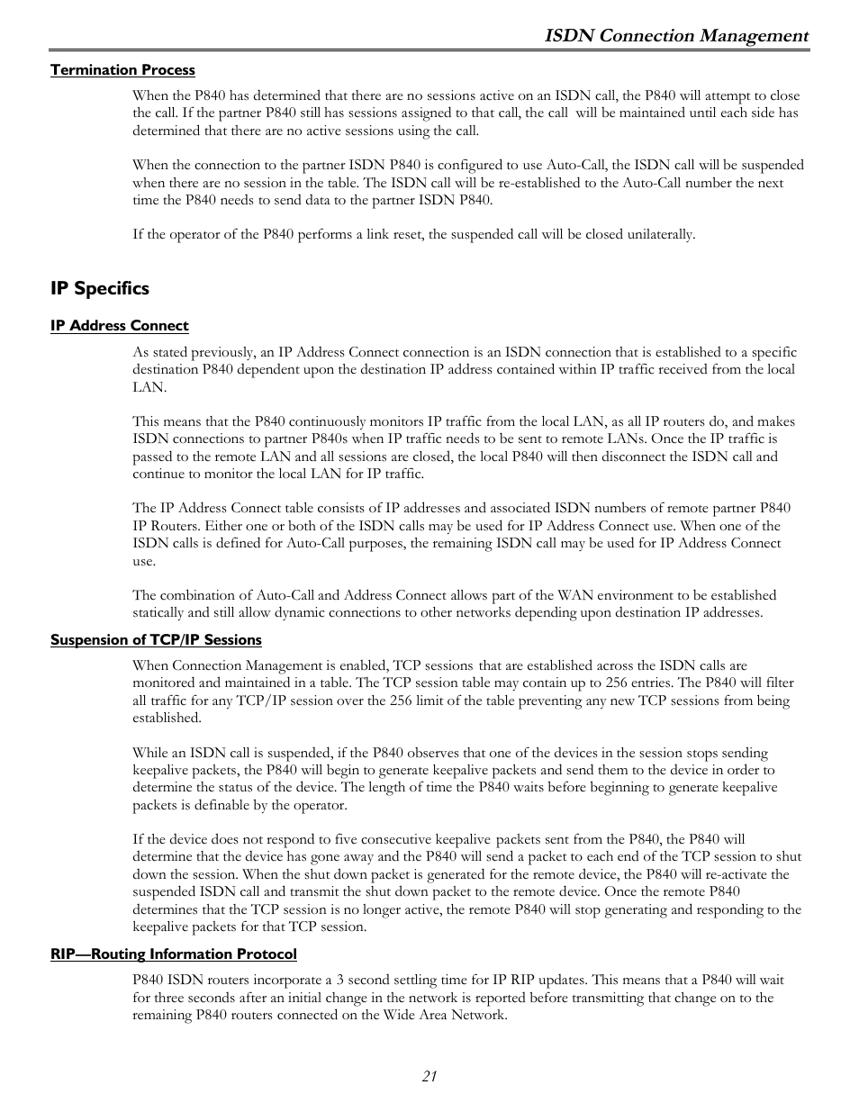 Isdn connection management | Perle Systems P840 User Manual | Page 21 / 58