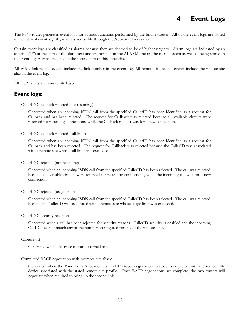 4event logs, Event logs | Perle Systems P840 User Manual | Page 23 / 58