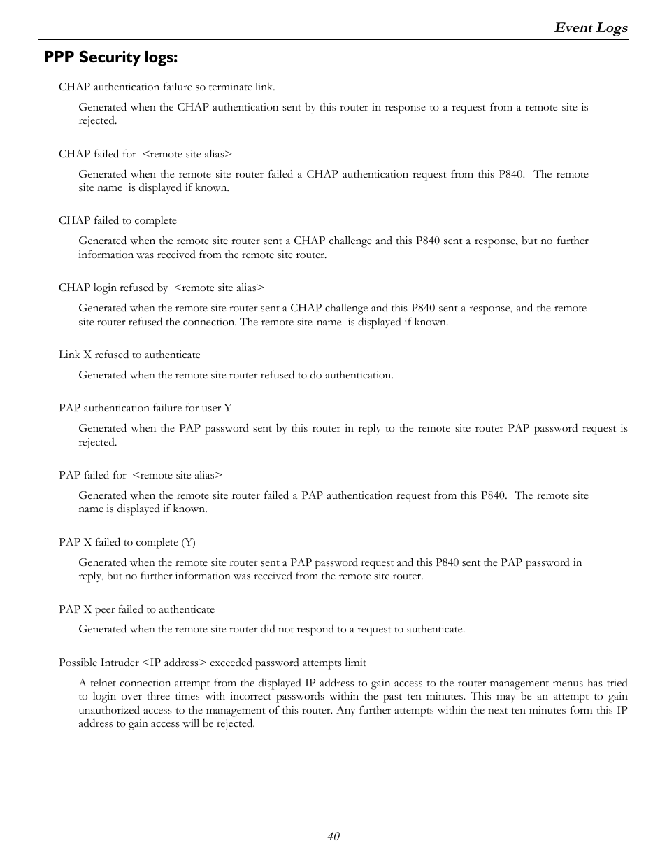 Ppp security logs, Event logs | Perle Systems P840 User Manual | Page 40 / 58