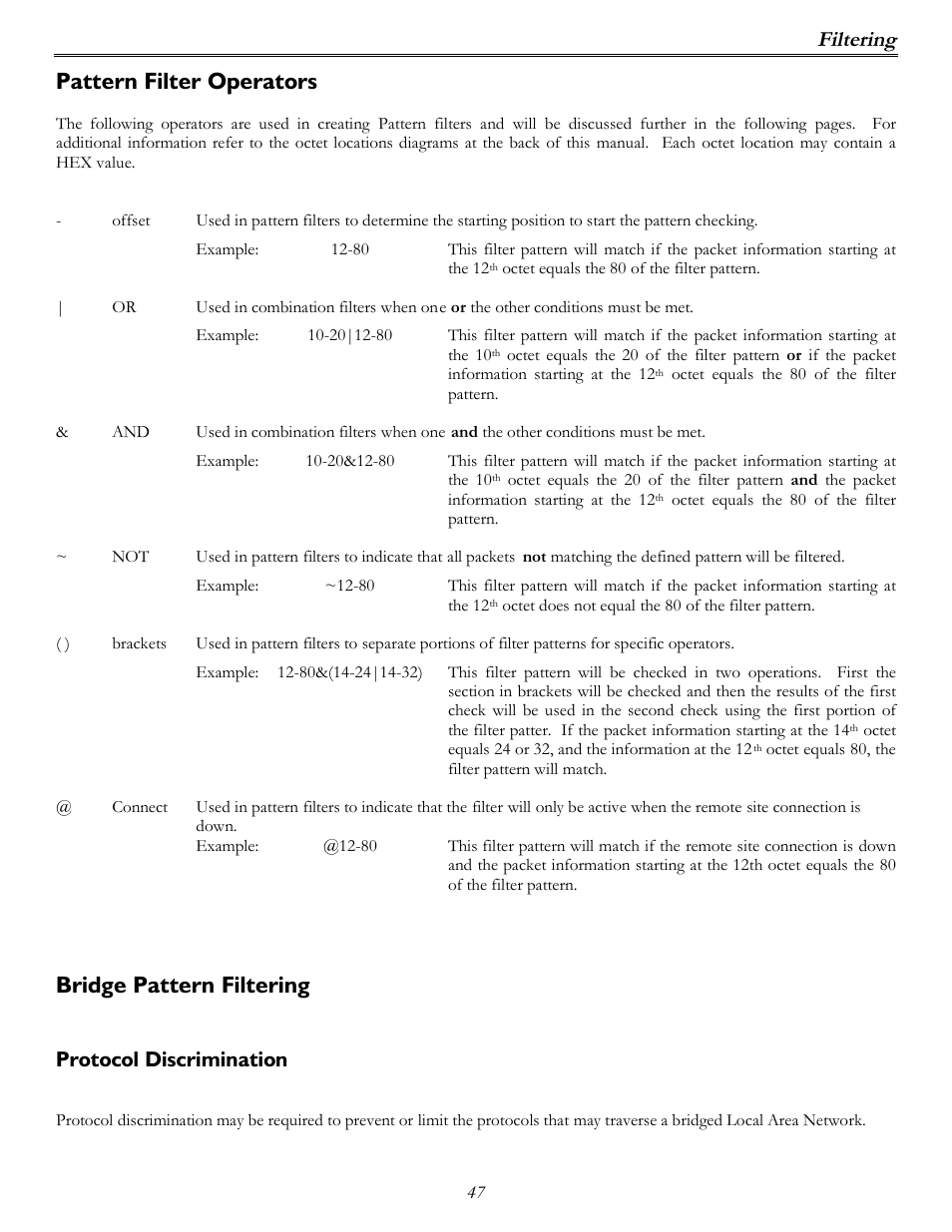 Pattern filter operators, Bridge pattern filtering, Filtering | Protocol discrimination | Perle Systems P840 User Manual | Page 47 / 58