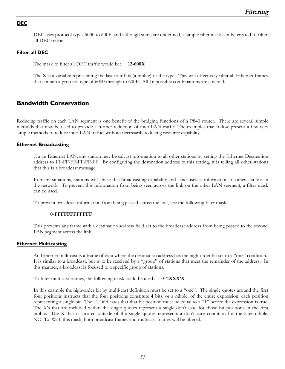 Filtering, Bandwidth conservation | Perle Systems P840 User Manual | Page 51 / 58