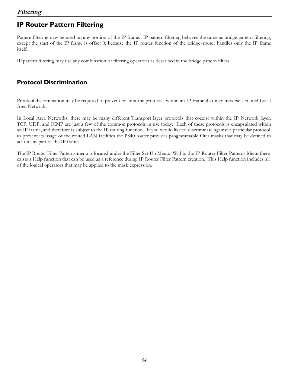 Ip router pattern filtering | Perle Systems P840 User Manual | Page 54 / 58