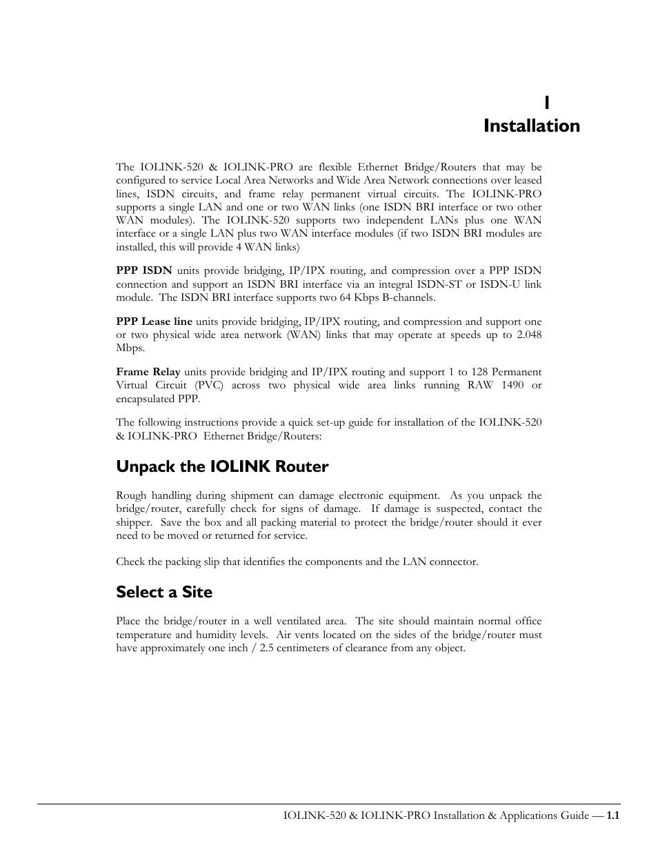 Installation, Unpack the iolink router, Select a site | 1installation | Perle Systems IOLINK-520 User Manual | Page 11 / 110