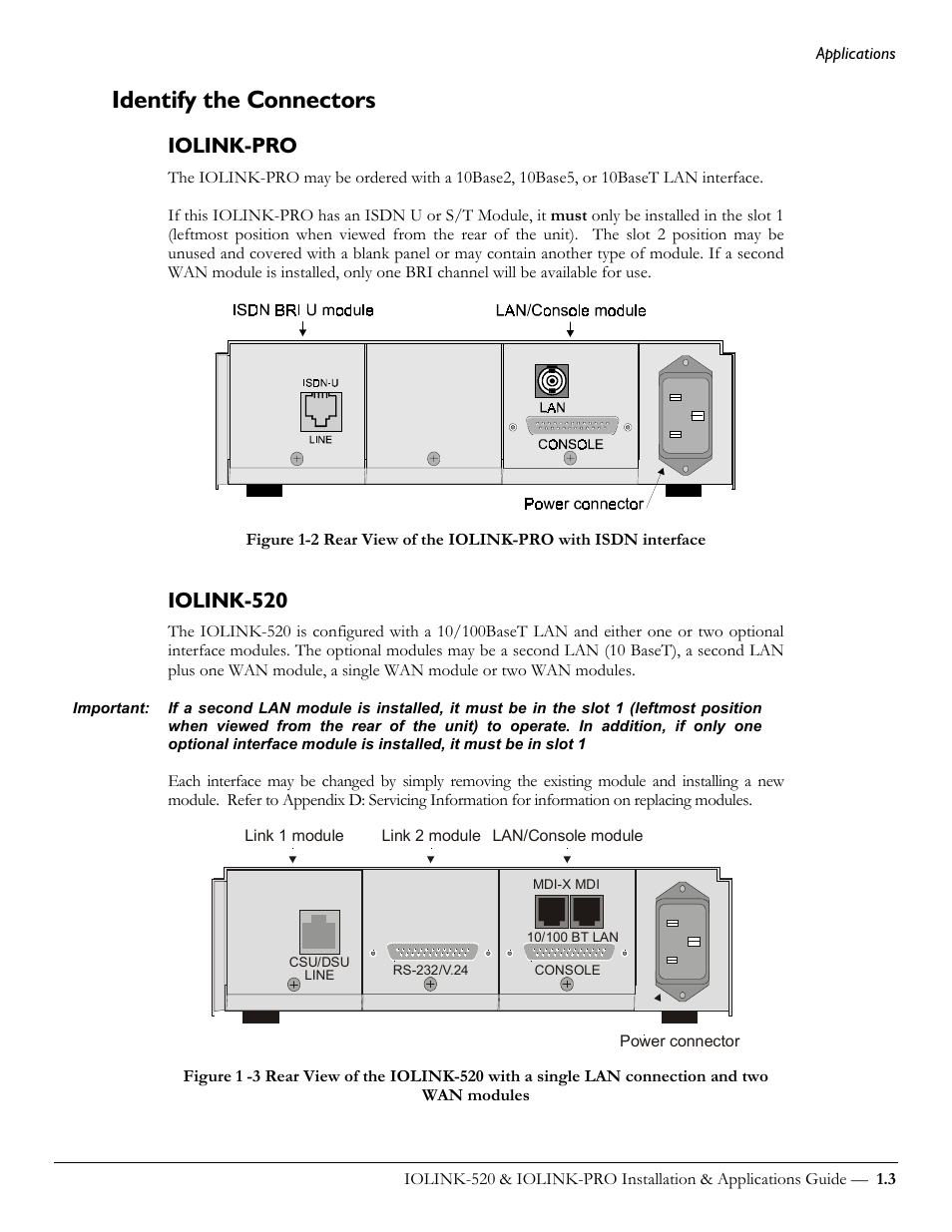 Identify the connectors, Iolink-pro, Iolink-520 | Perle Systems IOLINK-520 User Manual | Page 13 / 110