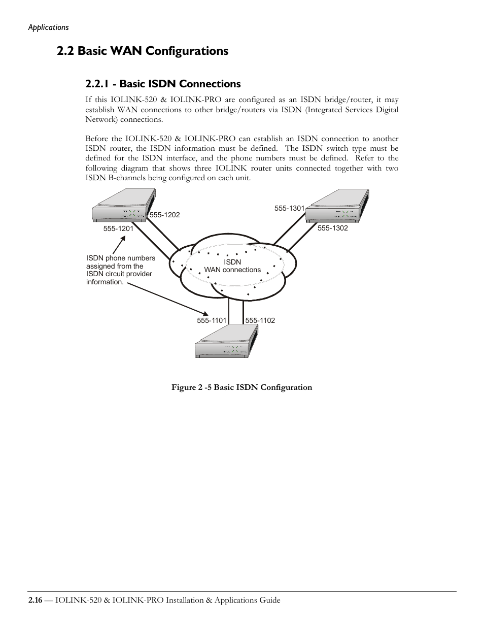 2 basic wan configurations, 1 - basic isdn connections | Perle Systems IOLINK-520 User Manual | Page 36 / 110