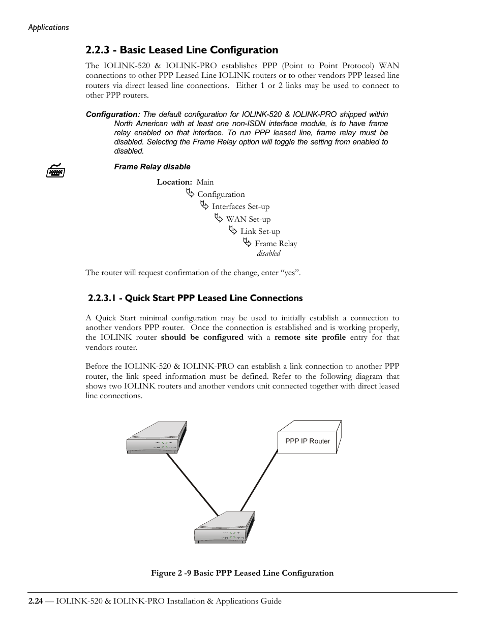 3 - basic leased line configuration, 1 - quick start ppp leased line connections | Perle Systems IOLINK-520 User Manual | Page 44 / 110