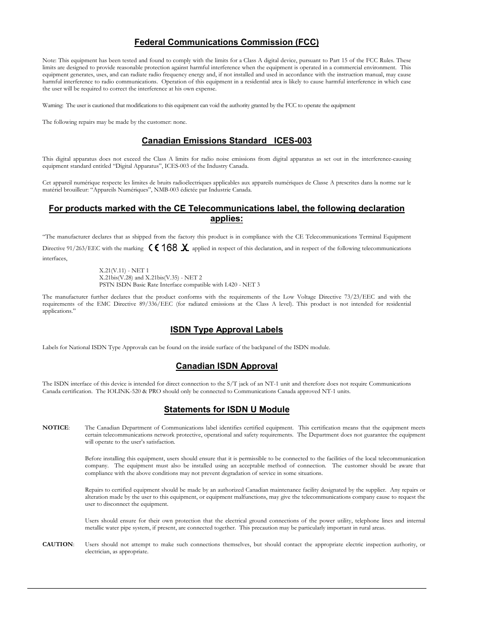 Federal communications commission (fcc), Canadian emissions standard ices-003, Isdn type approval labels | Canadian isdn approval, Statements for isdn u module | Perle Systems IOLINK-520 User Manual | Page 5 / 110