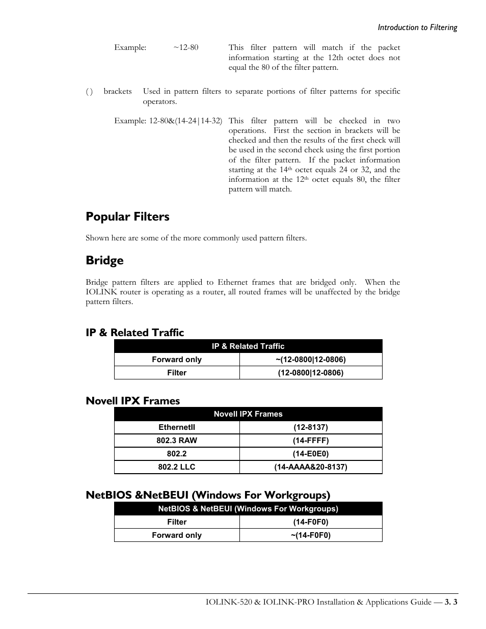 Popular filters, Bridge, Ip & related traffic | Novell ipx frames, Netbios &netbeui (windows for workgroups) | Perle Systems IOLINK-520 User Manual | Page 75 / 110