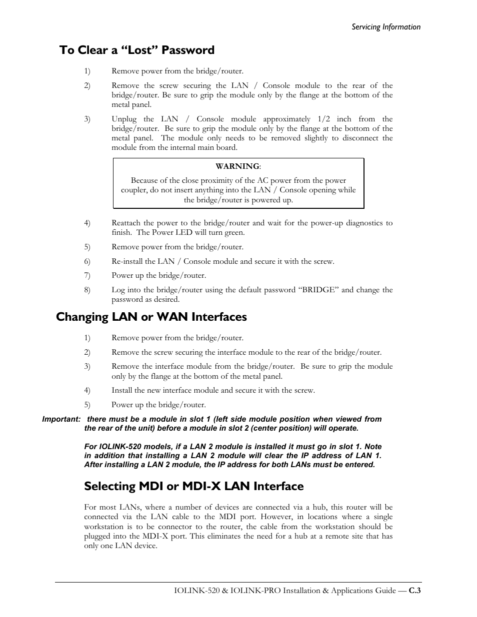 To clear a “lost” password, Changing lan or wan interfaces, Selecting mdi or mdi-x lan interface | Perle Systems IOLINK-520 User Manual | Page 89 / 110