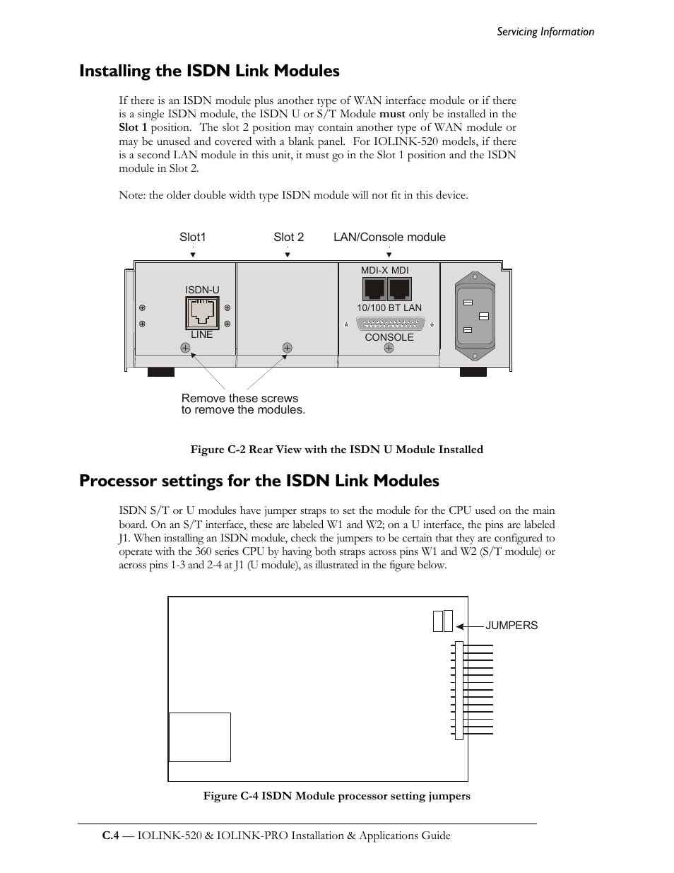 Installing the isdn link modules, Processor settings for the isdn link modules | Perle Systems IOLINK-520 User Manual | Page 90 / 110