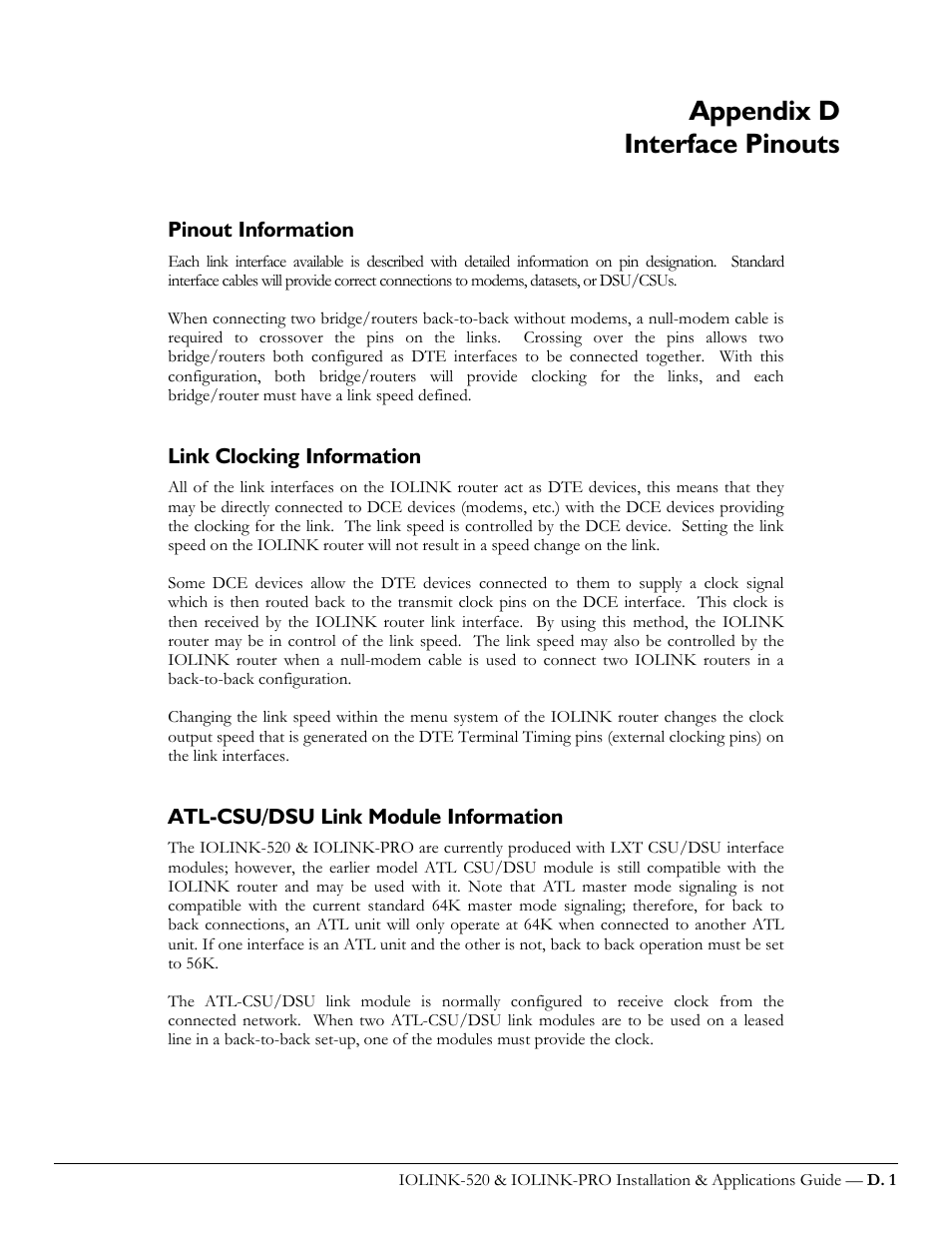 Appendix d interface pinouts, Pinout information, Link clocking information | Atl-csu/dsu link module information | Perle Systems IOLINK-520 User Manual | Page 95 / 110