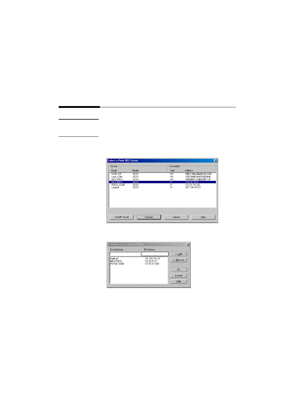 Connecting to the server, Using ipx, Using ip | Perle Systems 833IS User Manual | Page 63 / 340