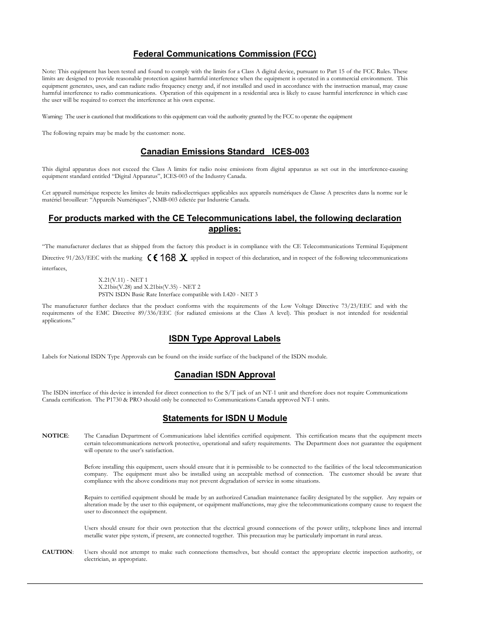 Federal communications commission (fcc), Canadian emissions standard ices-003, Isdn type approval labels | Canadian isdn approval, Statements for isdn u module | Perle Systems 1700 User Manual | Page 2 / 100