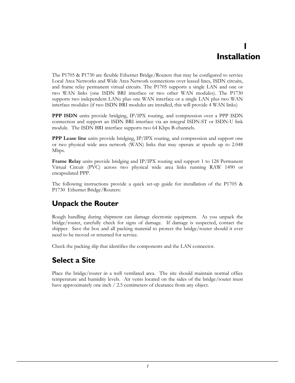 1installation, Unpack the router, Select a site | Perle Systems 1700 User Manual | Page 7 / 100