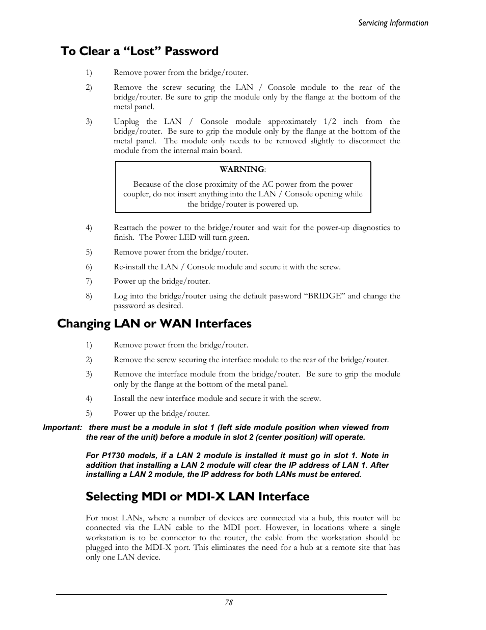 Changing lan or wan interfaces, Selecting mdi or mdi-x lan interface | Perle Systems 1700 User Manual | Page 84 / 100