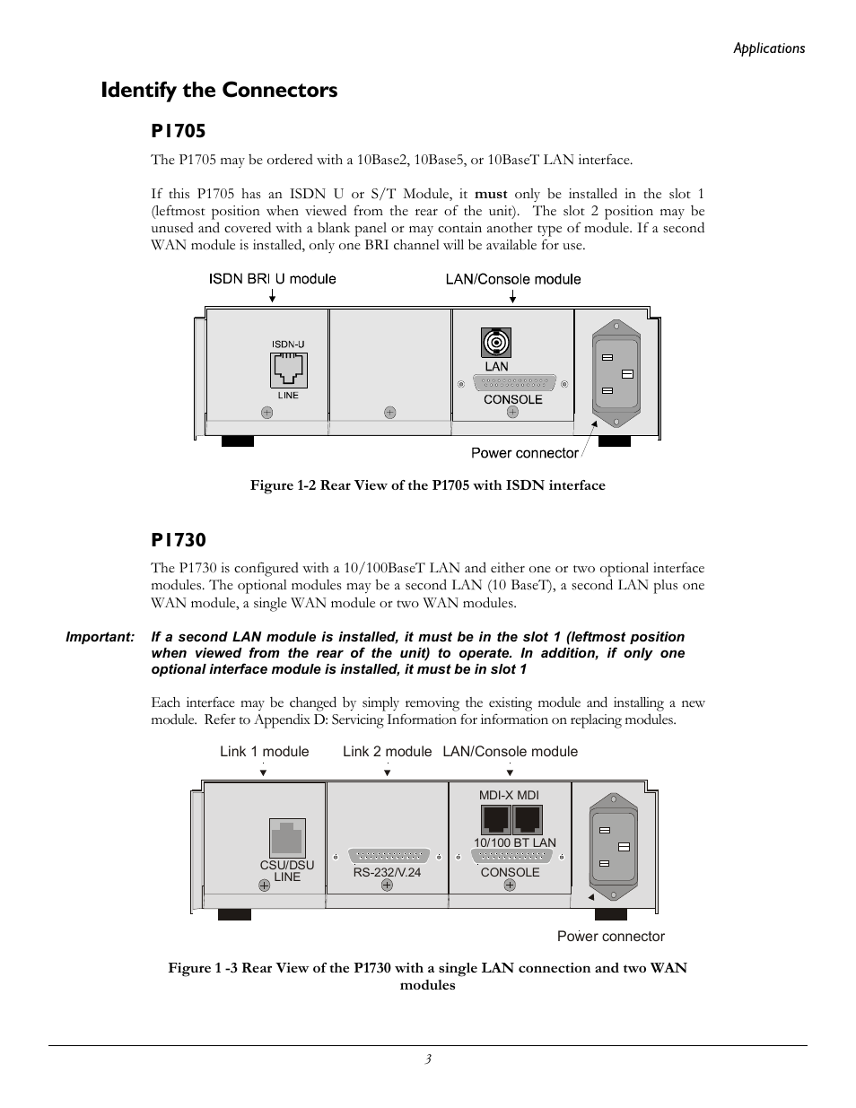 Identify the connectors, P1705, P1730 | Perle Systems 1700 User Manual | Page 9 / 100