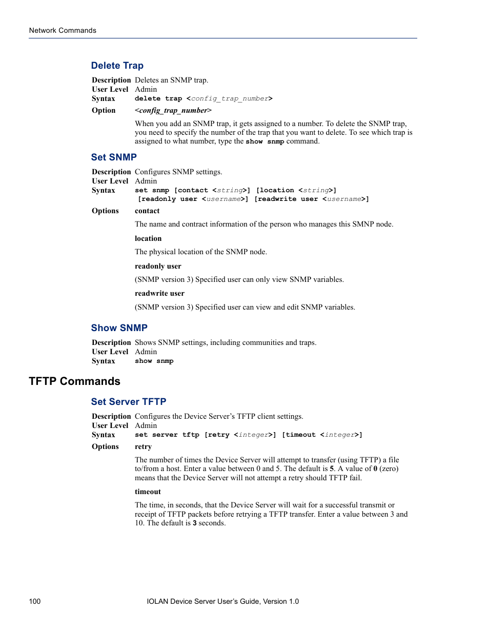 Tftp commands, Delete trap set snmp show snmp, Set server tftp | Perle Systems DS1 User Manual | Page 100 / 122