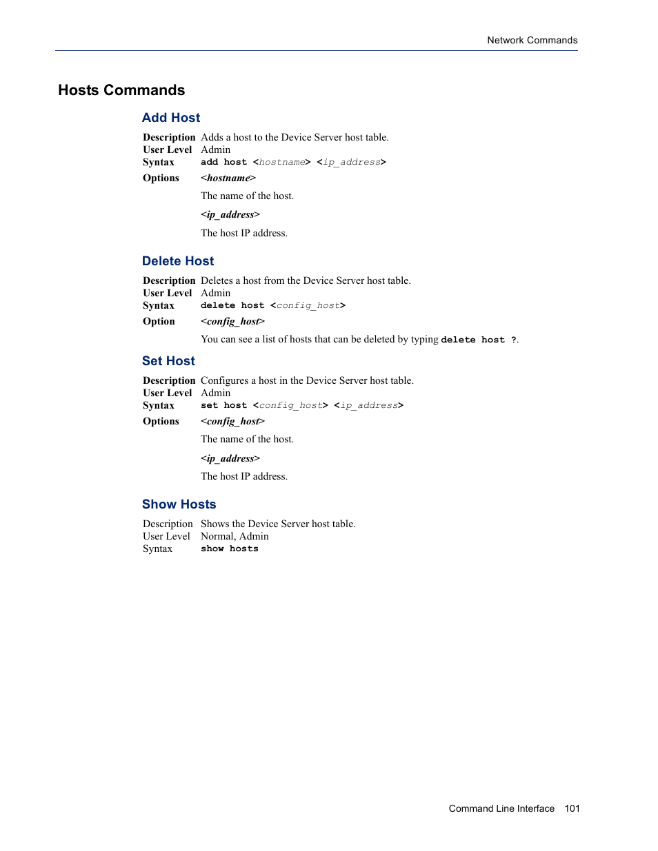 Hosts commands, Add host delete host set host show hosts | Perle Systems DS1 User Manual | Page 101 / 122