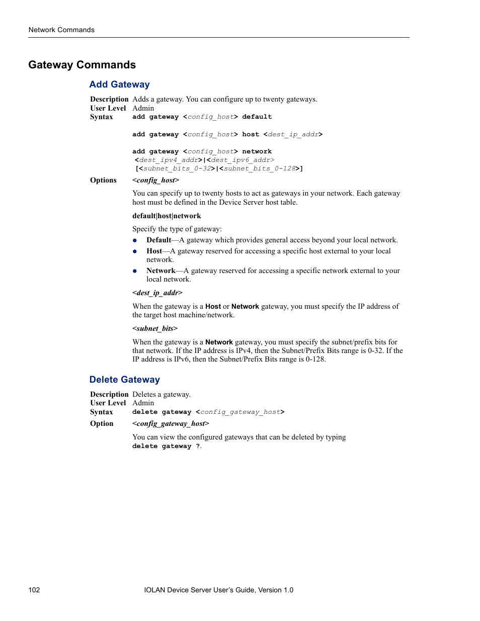 Gateway commands, Add gateway delete gateway | Perle Systems DS1 User Manual | Page 102 / 122