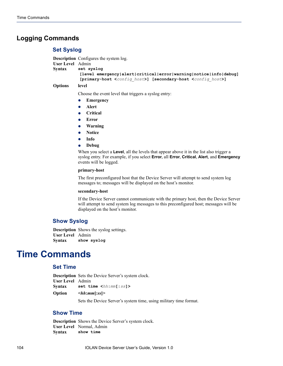 Logging commands, Time commands, Set syslog show syslog | Set time show time | Perle Systems DS1 User Manual | Page 104 / 122