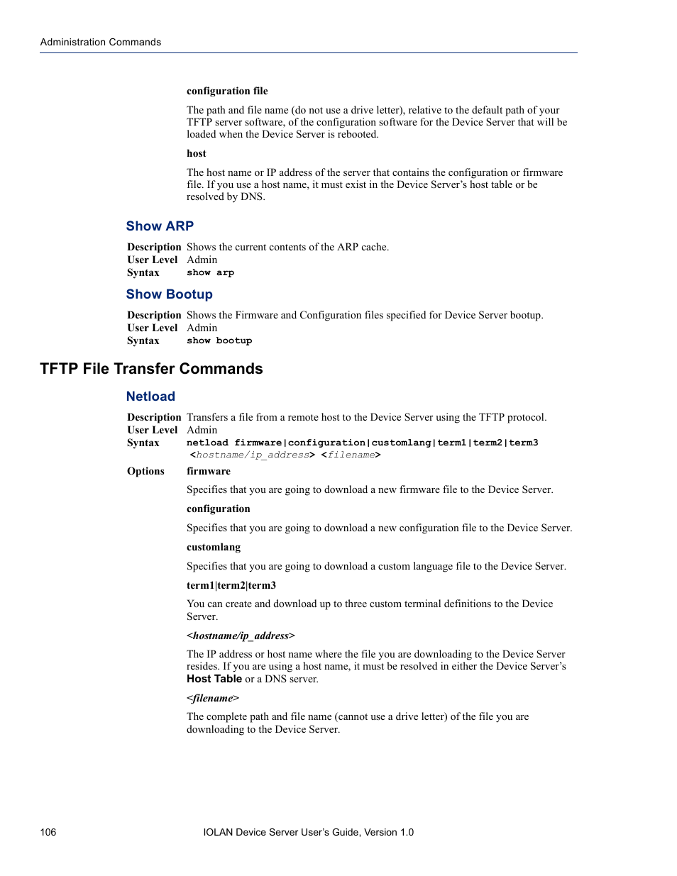 Tftp file transfer commands, Show arp show bootup, Netload | Perle Systems DS1 User Manual | Page 106 / 122