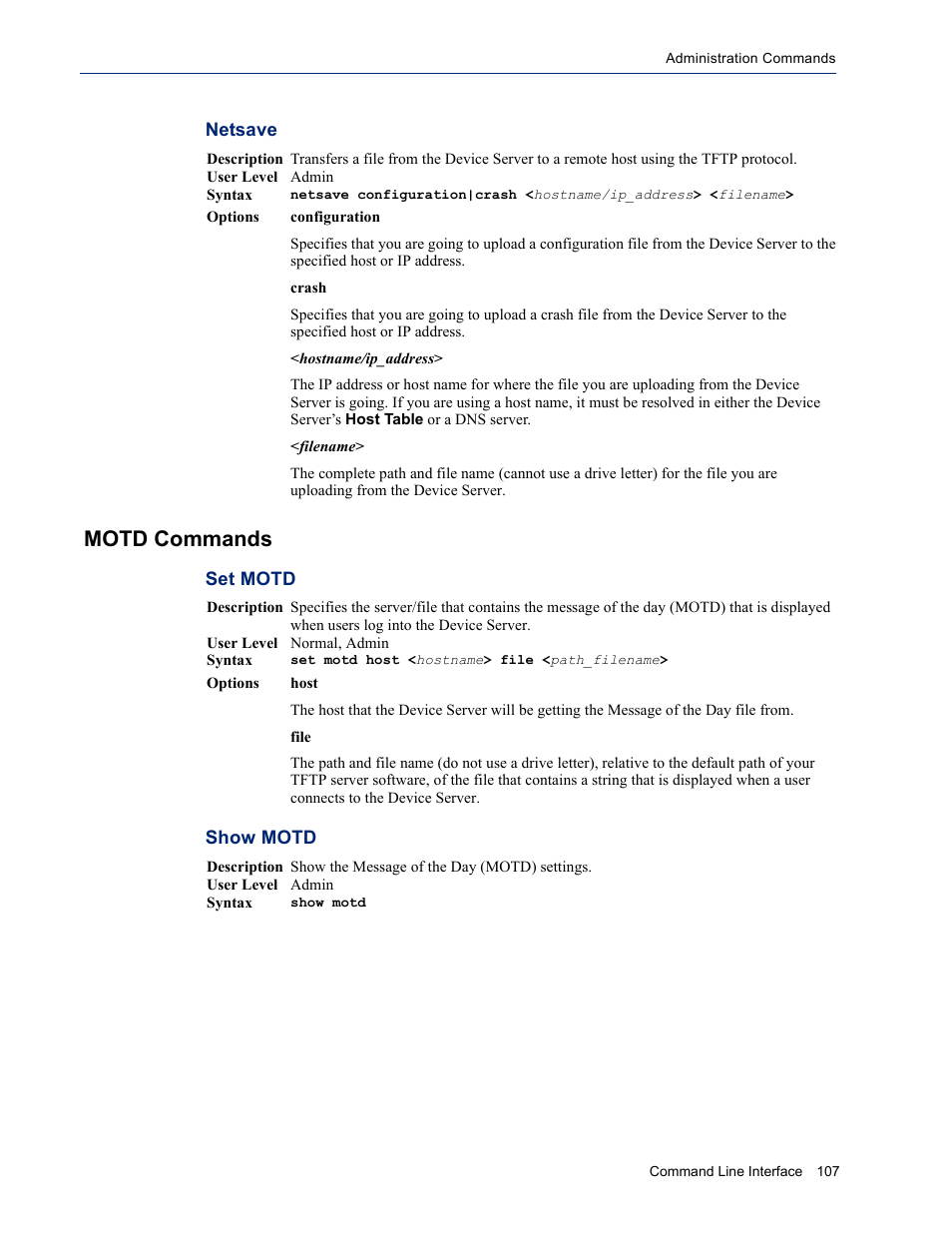 Motd commands, Netsave, Set motd show motd | Perle Systems DS1 User Manual | Page 107 / 122