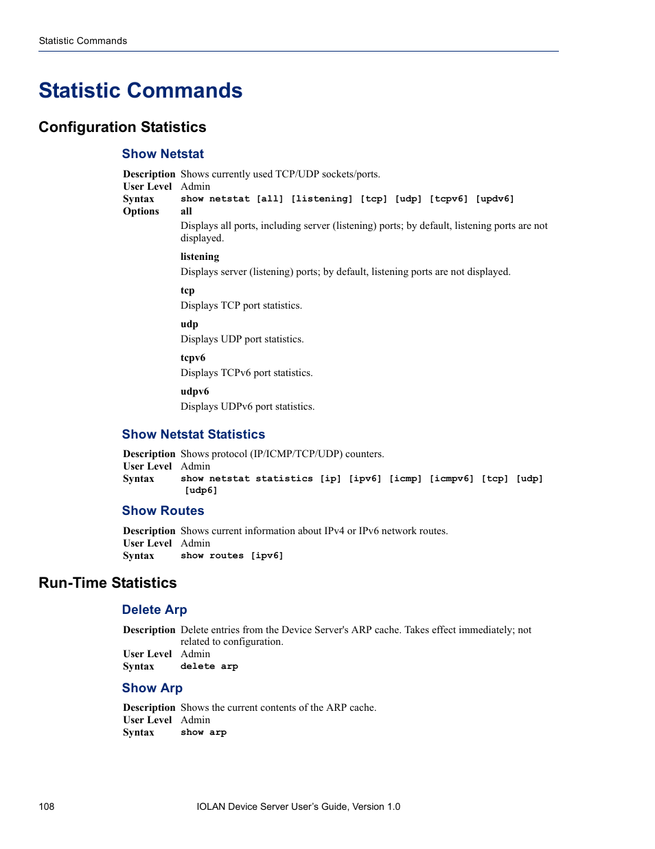 Statistic commands, Configuration statistics, Run-time statistics | Show netstat show netstat statistics show routes, Delete arp show arp | Perle Systems DS1 User Manual | Page 108 / 122
