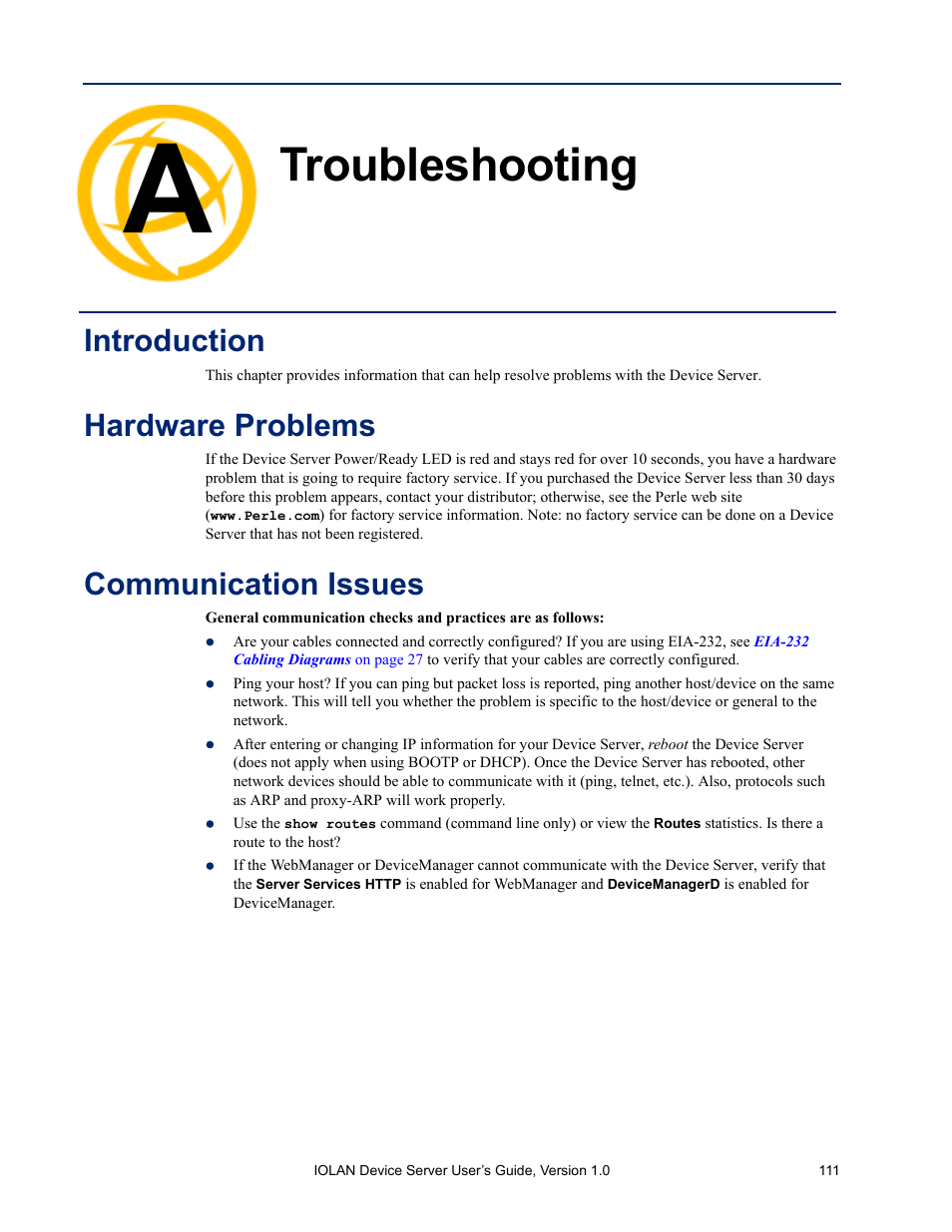 Troubleshooting, Introduction, Hardware problems | Communication issues, Appendix a troubleshooting | Perle Systems DS1 User Manual | Page 111 / 122