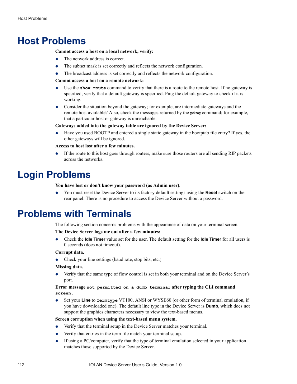 Host problems, Login problems, Problems with terminals | Perle Systems DS1 User Manual | Page 112 / 122