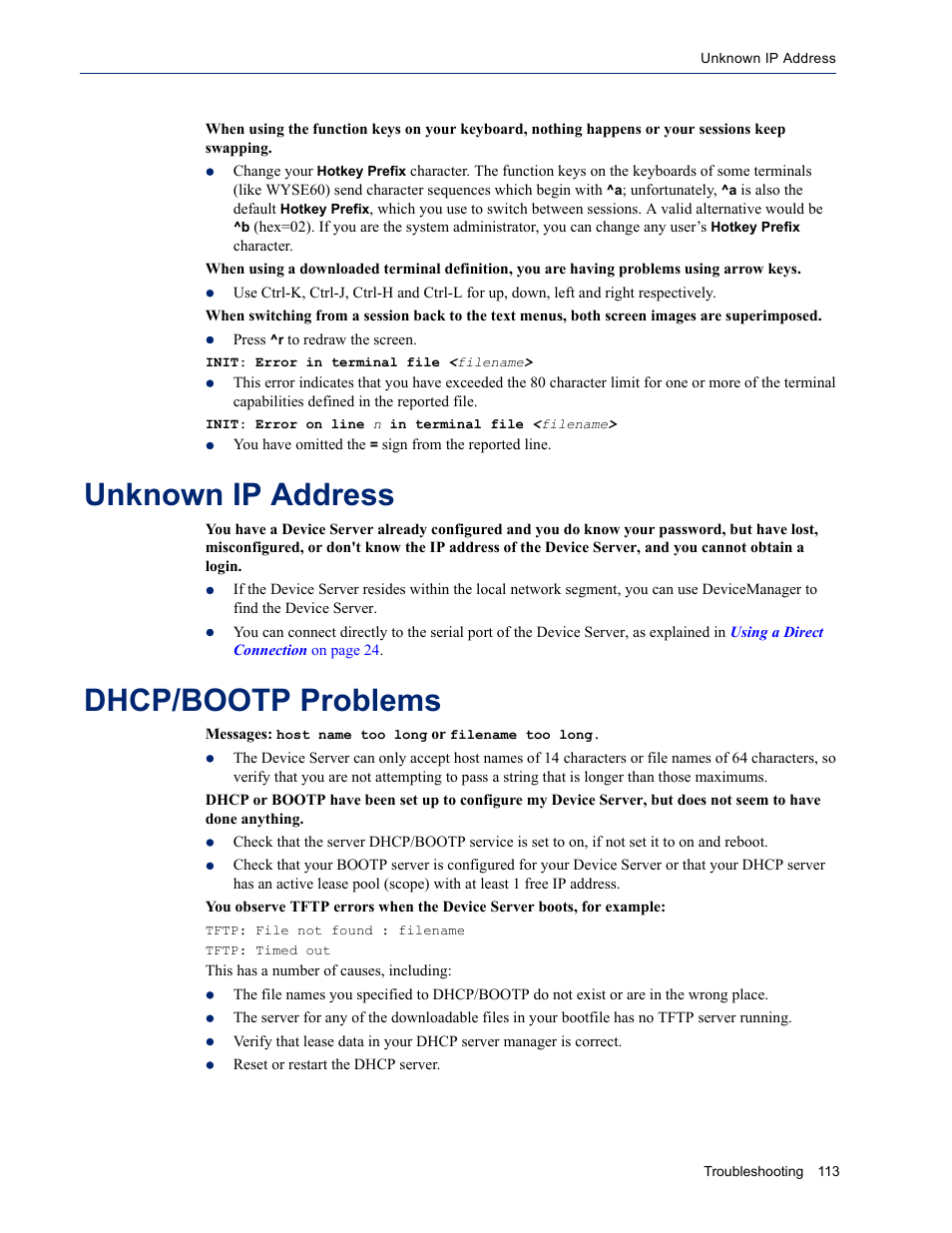 Unknown ip address, Dhcp/bootp problems | Perle Systems DS1 User Manual | Page 113 / 122