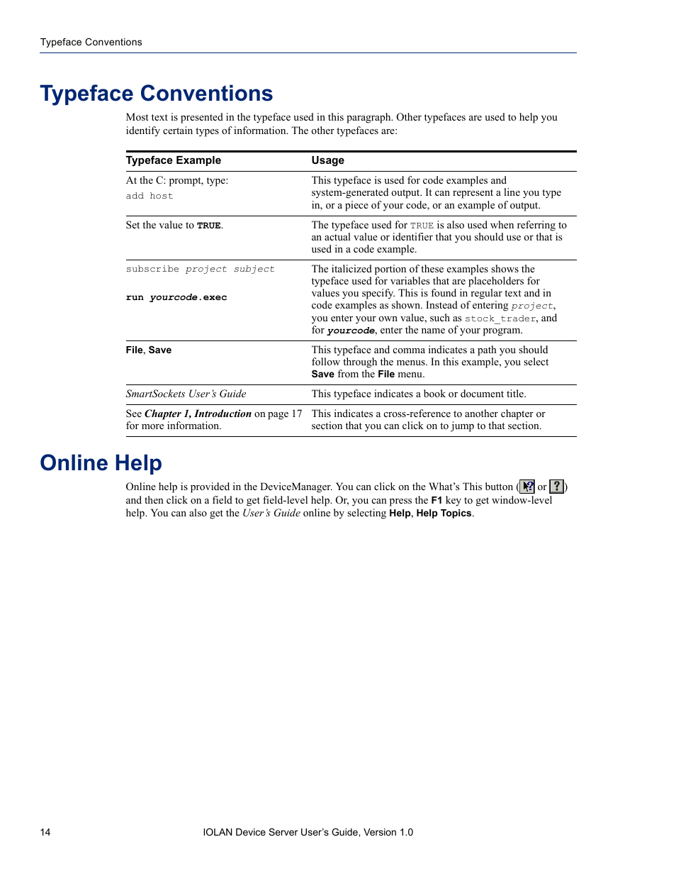 Typeface conventions, Online help | Perle Systems DS1 User Manual | Page 14 / 122