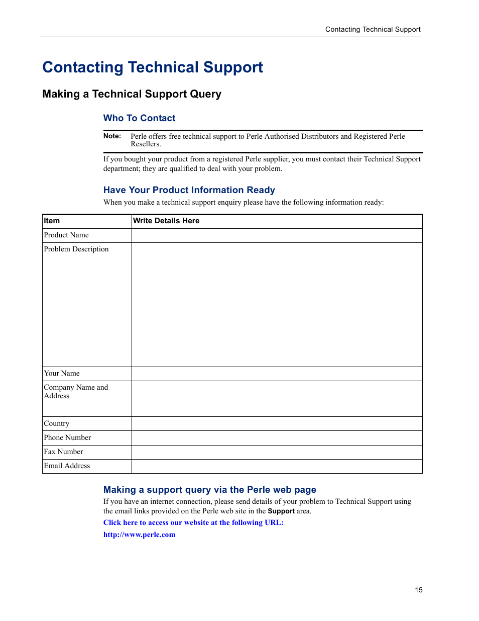 Contacting technical support, Making a technical support query | Perle Systems DS1 User Manual | Page 15 / 122