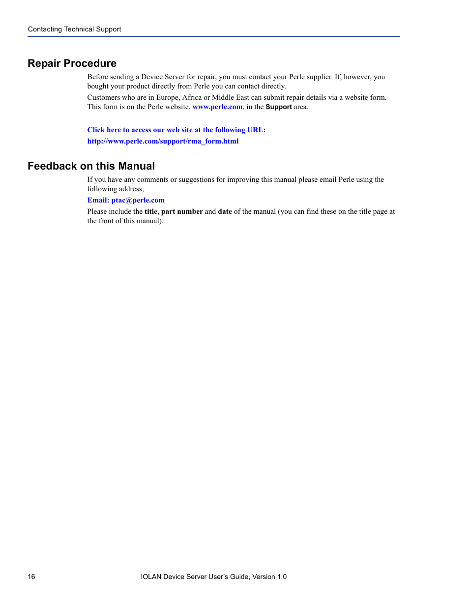 Repair procedure, Feedback on this manual | Perle Systems DS1 User Manual | Page 16 / 122